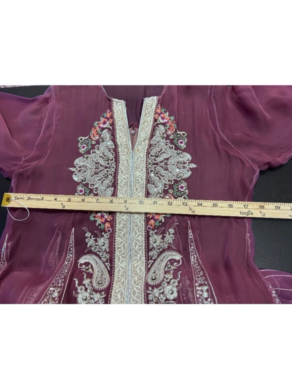 Purple Silver Embroidered Sheer Chiffon Kaftan Maxi Dress Gown Abaya Caftan Boho - Picture 6 of 8